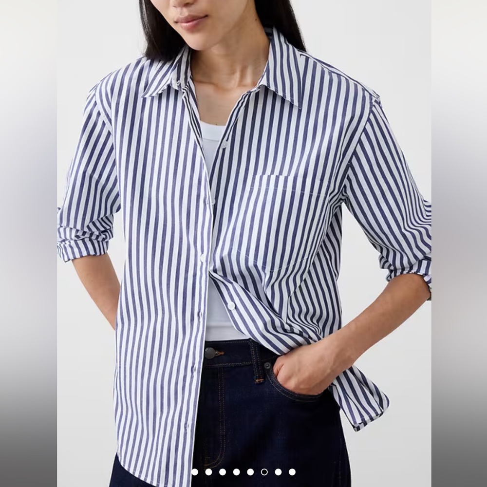 Women's Blue Charcoal Striped Button Down Classic Poplin Shirt XS Petite